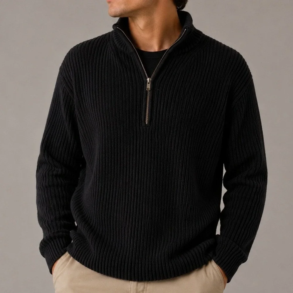 Calvin Klein Mens XL Black Ribbed Cotton 1/4 Zip Pullover Sweater